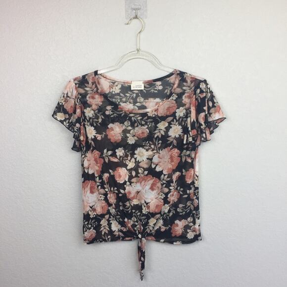 CAUTION TO THE WIND Sheer Mesh Floral Blouse - Picture 1 of 5